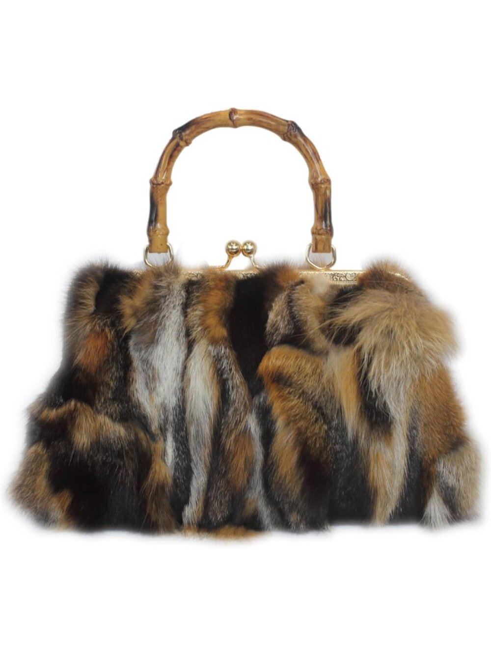 Vintage Real Fox Fur Handbag - Chic Kisslock Purse with Bamboo Handle, Ethically